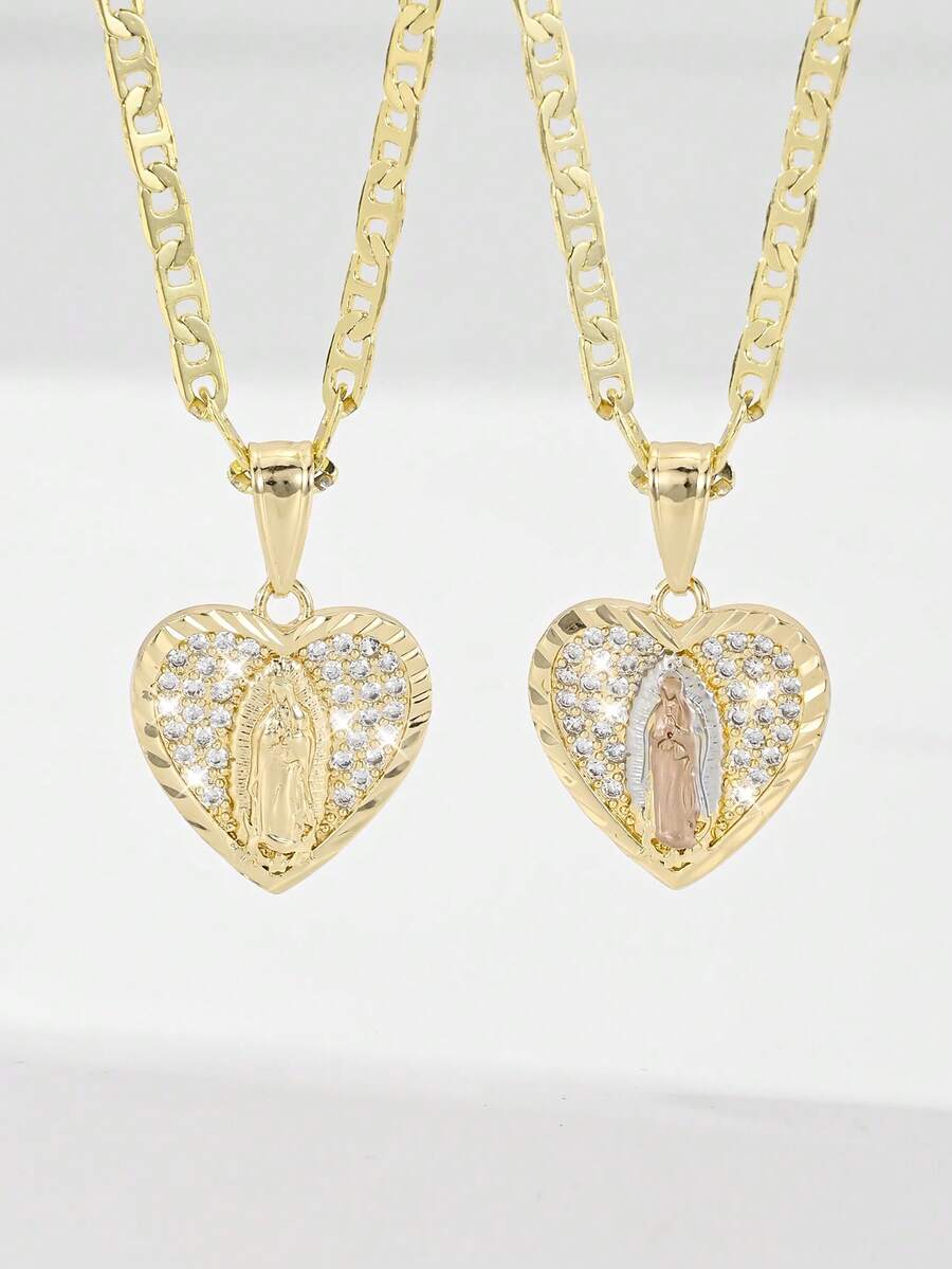 1 件 2025 新款防过敏铜镶嵌锆石信仰心玫瑰瓜达卢佩圣母玛利亚手绘三色吊坠项链，适合送给母亲/情人节、情侣/朋友/教父母、天主教第一次圣餐、日常和节日佩戴祈祷