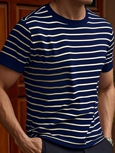 GRDR 1 pieza Camisa de manga corta de punto a rayas de cuello redondo para hombre, de verano a principios de otoño, uso casual al aire libre