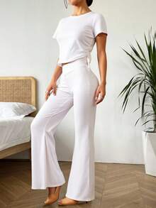 Conjunto dos piezas mujer top blusa manga corta pantalón acampanado tejido canalé color café estilo cómodo moderno casual verano versátil elegante - hueso - Ver 3