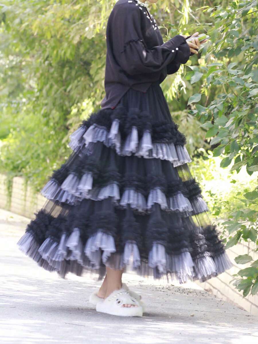 女士时尚撞色喇叭裙黑色春季 - 黑色 - 查看 1