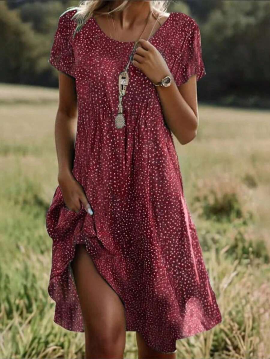 Women's Fashion Casual Elegant Holiday Round Neck Short Sleeve Dress - Red - View 1