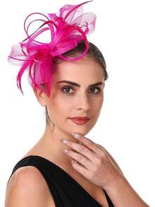 Fascinators Hat Flower Mesh Ribbons Feathers On A Headband And A Clip Tea Party Headwear Girls And Women - St07-fuschia - View 6