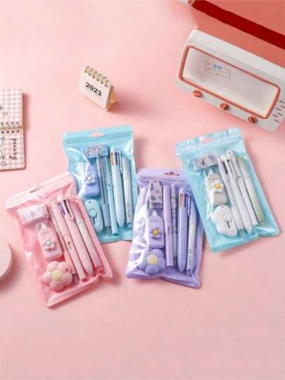 7pcs Learning Cartoon Stationery Set Cute Pencil Eraser Correction Tape Ball-Point Pen School Office Writing Supplies Gift Stationery Back To School