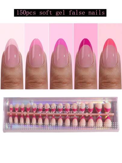 150pcs Short Almond Powder White French Gel Nail Tips, Five Pink French Nail Tips Press On Nails, French Square 3 In 1 Soft Gel False Nails, False Nails For Manicure DIY In 15 Sizes, Nail Supplies For Women, Nail Salon Use