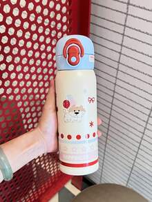 Cartoon Adorable Children's Insulated Cup, Girls Boys Straw Bottle School Portable Water Cup, Stainless Steel - Blue - View 1