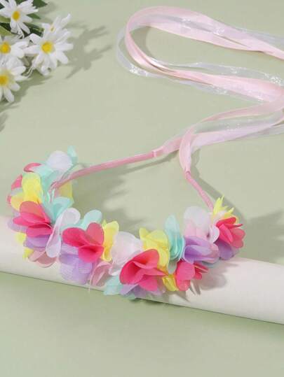 1pc Girl Mesh Flower Hairband, Cute Colored Gradient Headband, Girls Exquisite Faux Pearl Hairband, Elegant Long Ribbon Hairband For Girls , Hair Accessories