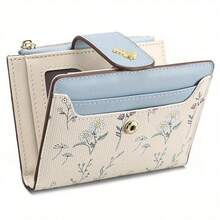 Ladies Elegant RFID Shielded Wallet, Compact Bi-Fold Zipper Clip With Multiple Slots, Beige And Light Blue Dotted Perfect For Daily Use Or Gifts Compact Wallet, Elegant Design, Decorative With Wallet Small Wallet - 藍白色 - 查看 6