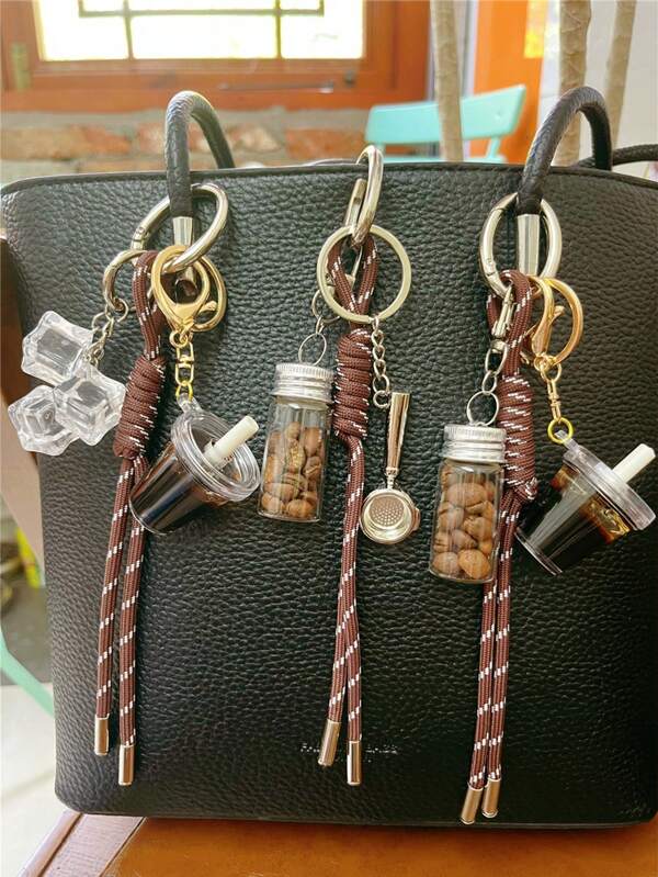 Iced Americano Coffee Paired With Coffee Bottle, Coffee Scoop, Ice Cubes, Braided Rope Detail Keychain Bag Charms Car Ornament, And Decorative Keychain For Ladies' Bags – The Perfect Choice For Coffee Lovers
