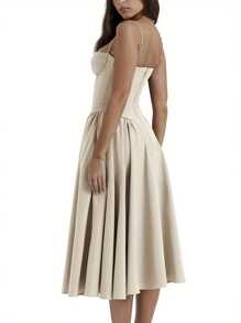 Women Y2k Casual Midi Dress Low Cut Spaghetti Strap Corset Dress Side Pockets Low-Cut Cami Dress