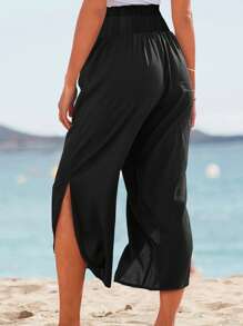 Women's Casual Beach Vacation Elastic Waist Asymmetrical Hem Split Solid Color Comfortable Wide Leg Cropped Pants, Summer