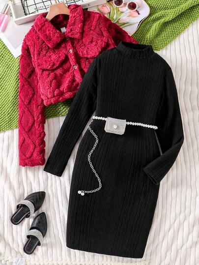 Conjunto de 2 peças de roupas casuais para meninas: jaqueta de pelúcia quente + saia de gola falsa canelada em A, adequada para outono/inverno