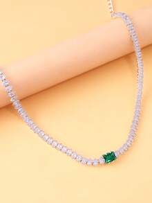 1pc Silver Luxury Rhombus Zirconia Chain Necklace With Green Diamond, Prom/Party Jewelry Gift For Women - Silver - View 6