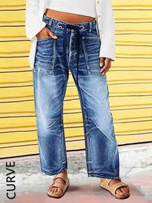 Women's Large-Size Loose Straight-Cut Jeans With Zipper Placket, Drawstring, Casual Street Style, Large Pockets, Non-Stretch, Comfortable, Versatile Women's Jeans, Plus Size - 中等水洗藍 - 查看 1