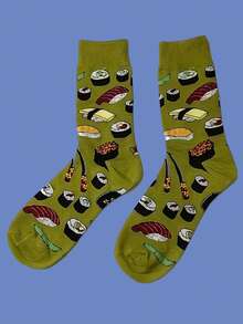 1 双舒适卡通寿司图案时尚男士中长袜，四季适用，针织面料，适合户外和家居穿着，男女皆宜，秋季袜子