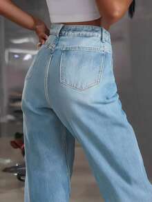 Women's Fashionable Water-Washed Distressed Wide Leg Jeans - Blue and White - View 4