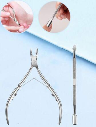 2 PIEZAS Cortador Tri Recortador con cortador Empujador de acero inoxidable Eliminador, Empujedor doble de Acero para Remove Quitar pequeñas piezas de piel muerta y s, Set de herramientas de pedicura Manicure, Adecuado para el salón de arte profesional