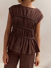 Women's Smocked Ruched Tops Cap Sleeve Round Neck Solid Color T-Shirts Summer Tops - Mocha Brown - View 1