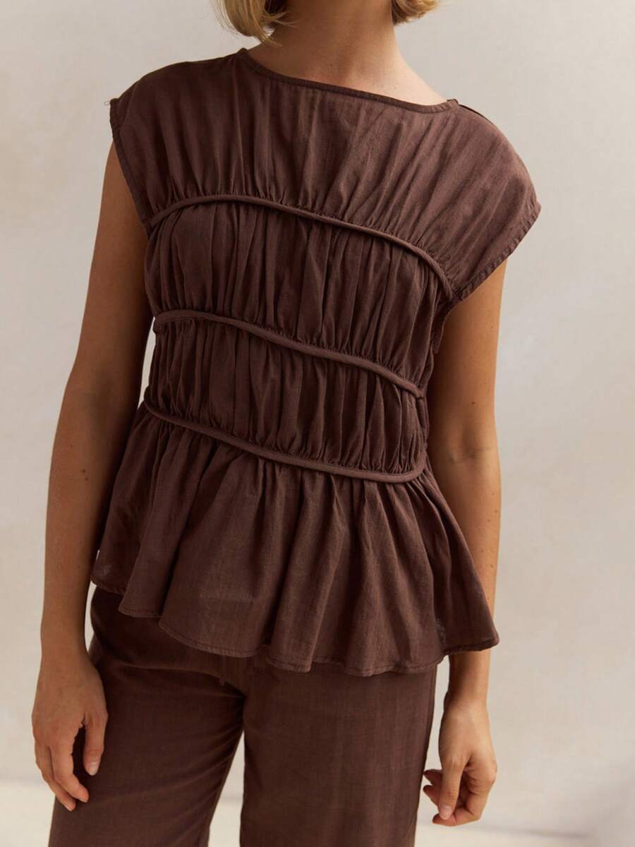 Women's Smocked Ruched Tops Cap Sleeve Round Neck Solid Color T-Shirts Summer Tops - Mocha Brown - View 1
