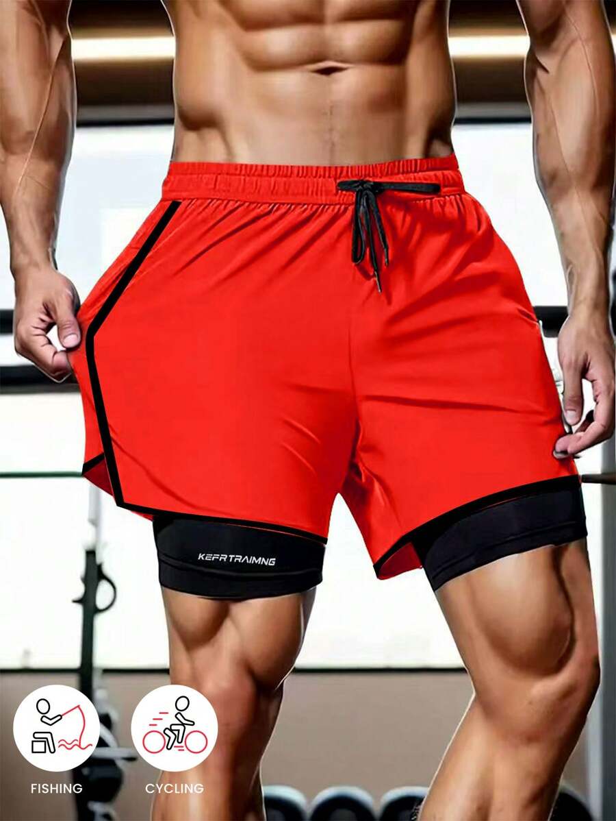 春夏连体纯色运动短裤，防擦伤轻便，双层男女通用情侣短裤，适合跑步、户外健身、休闲裤 - 玫紅色 - 查看 1