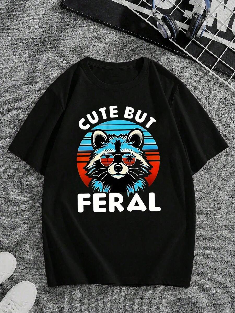 Boys & Teens' Casual Graphic Print Round Neck Short Sleeve T-Shirt, Summer Top - 黑色 - 查看 1