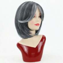 MShort Grey Bob Wig With Curtain Bangs For White Women Chin Length Gray Highlight Wigs Synthetic Natural Look Salt N Pepper Wig6001 - 灰色 - 查看 4