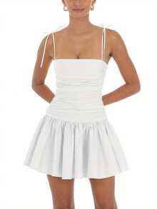 Women's Tie Strap Mini Dress Zipper Back Solid Color Sleeveless Backless Slim Ruched A-Line Dress Thankgiving - White - View 3