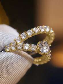 2 件套华丽方晶锆石戒指，适合女士，情人节礼物，结婚周年派对珠宝 - 金黃色 - 查看 3