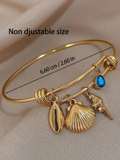 1pc Dainty Shell Conch Bracelet For Women Non Adjustable Size Blue Rhinestone Stainless Steel Bracelet For Beach Vacation Bangle For Daily Party Jewelry Gifts