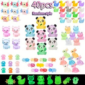 40 件夜光迷你树脂动物 - 各种鸭子、熊猫、猫和乌龟小雕像，适用于仙女花园、玻璃容器、立体模型 - 无需电池、鲜艳的色彩、户外装饰、可爱的动物小雕像、花园装饰、立体模型配件、卡通风格人物、光面饰面、彩色装饰品