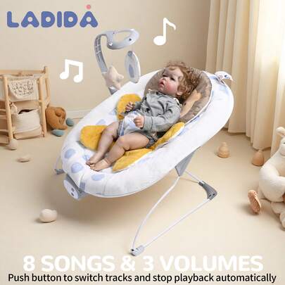  LADIDA Bouncer – 0-6 Months, Vibrating Seat With Removable Toy Bar, 3 Speeds And 8 Soothing Songs, Portable And Lightweight (Brown)