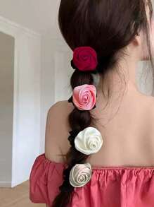 5pcs It's Back-To-School Season! Simple Satin Elegant Rose Hair Tie High Bouncy Hair Tie