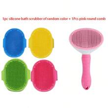 1 Pet Bath Brush, Cat Massage Brush, Dog Washing Glove, Massage Mitt, Cleaning Brush, Pet Shampoo Brush, Silicone Massage Rubber Bathing Comb With Adjustable Round Handle, For Dogs And Cats