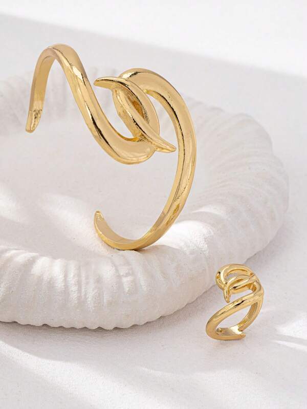 1 Set Fashionable, Minimalist, Elegant Metal Teardrop Cuff Bracelet And Matching Thick Ring Jewelry Set, A Great Gift For Women For Daily Wear And Parties