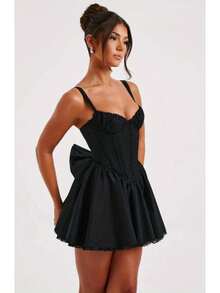 Women's Cami Dress Solid Color Sleeveless V-Neck Back Big Bow Flowy Mini Dress Summer Corset Dress - Black - View 4