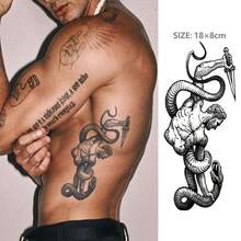 JKCODE TATTOO Herbal Temporary Tattoo Snake Warrior Sword Tough Guy Design,Large Size For Hands & Feet, Waterproof 15 Days - Navy Blue - View 3