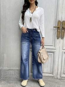 Women's Large-Size Loose Straight-Cut Jeans With Zipper Placket, Drawstring, Casual Street Style, Large Pockets, Non-Stretch, Comfortable, Versatile Women's Jeans, Plus Size - 中等水洗藍 - 查看 7