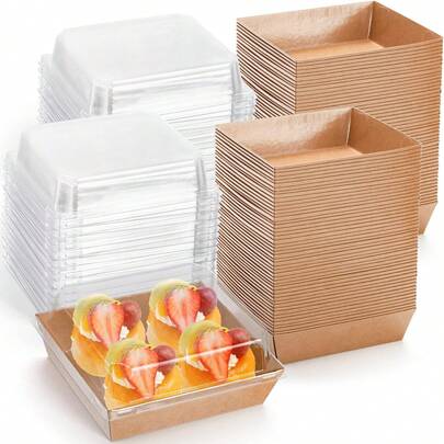 Paquete de 50 cajas de papel para charcutería de 12,7 cm con tapas transparentes, cuadradas para llevar, pequeñas cajas de papel kraft para postres, galletas, sándwiches y fresas (marrón)
