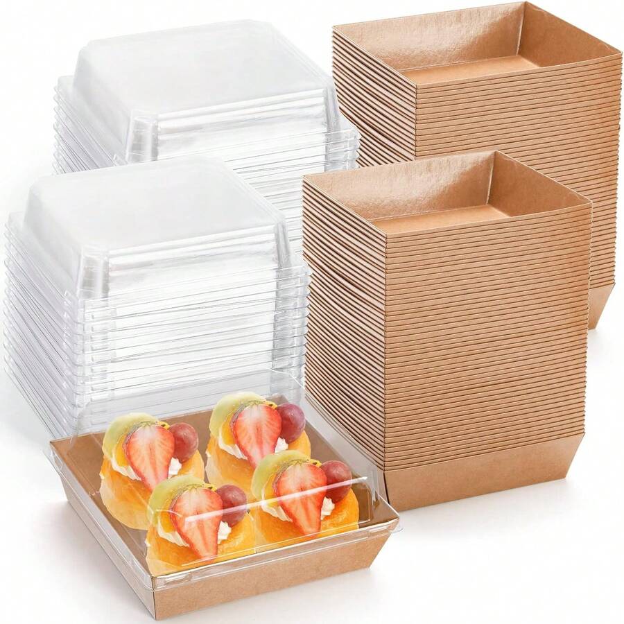 50-Pack 5-Inch Square Kraft Boxes With Clear Lids - Disposable Charcuterie & Dessert To-Go Containers (Brown) - 棕色 - 查看 1