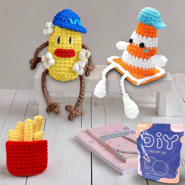 3pcs/Set Popcorn, Ice Cream Cone & French Fries Craft Kit, Complete Set With Crochet Hooks, Instruction Manual And Detailed Tutorial Videos (Accessory Colors Randomly Provided)