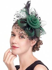 Derby Fascinators Women High Tea Party Hat Wedding Cocktail Flower Headware With Mesh And Feathers - Green & Black - View 4