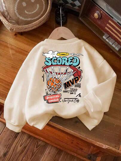 1 Boy's Long Sleeved Round Neck Pullover With "Dunk Score" Print Pattern, Providing A Comfortable, Fashionable, And Casual Autumn And Winter New Warm Top For Young Boys/Tween Boys/Teen Boys