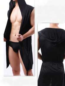 Men's Pajamas Summer Thin Pure Black And White Hooded Robe Two-Color Two-Piece Casual Comfortable Sexy Lazy Feeling Robe - Black and White - View 3