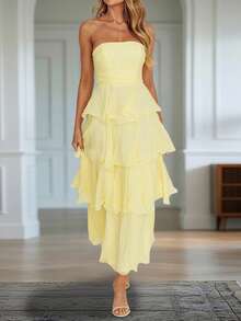 Women Ruffled Tube Top Maxi Dress For Summer Solid Color Backless Strapless Sleeveless Tiered Long Cake Dress - 黃色 - 查看 3