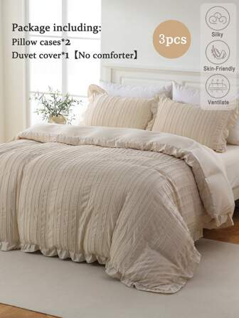 3 piezas Set de funda nórdica con recorte floral a rayas beige con Ruffle (1 funda de edredón + 2 fundas de almohada, sin relleno), uso diario, tela sintética suave, adecuada para dormitorio, dormitorio principal, habitación de invitados, todas las estaciones, gran regalo para mujeres