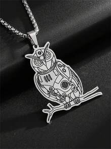 1pc Fashion Stainless Steel Flat Mechanical Doll, Owl Animal Pendant Necklace, Unisex Jewelry Casual Gift