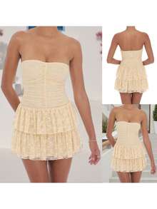 Women's Summer Lace Mini Tube Dress Strapless Low Cut Ruched Ruffled Hem A Line Dress Streetwear - Brown - View 3