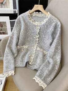 女士秋冬撞色蕾丝长袖单排扣针织开衫，适合通勤、春假、度假、演唱会、波西米亚风、音乐节 - 灰色 - 查看 3