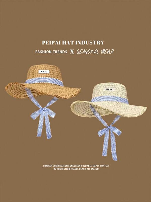 1PC French-Style Flat-Top Straw Hat For Women | Summer Wide-Brim Face-Slimming Beach Hat | Sweet Seaside Fisherman Sun Hat