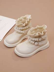 Girls Princess Sock Boots 2025 Autumn/Winter New Style Children's Ankle Boots Kids Boots Pearl Decor Knitted Boots - Beige - View 2
