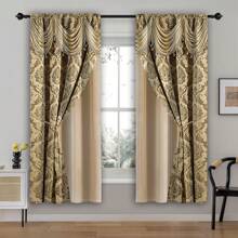 2pcs European Luxury Brown Printed Curtains - Semi-Sheer Polyester, Rod Pocket, Machine Washable, Bohemian Style With Golden Floral Pattern For Living Room, Kitchen, Bedroom & Office Decor, Curtains For Living Room